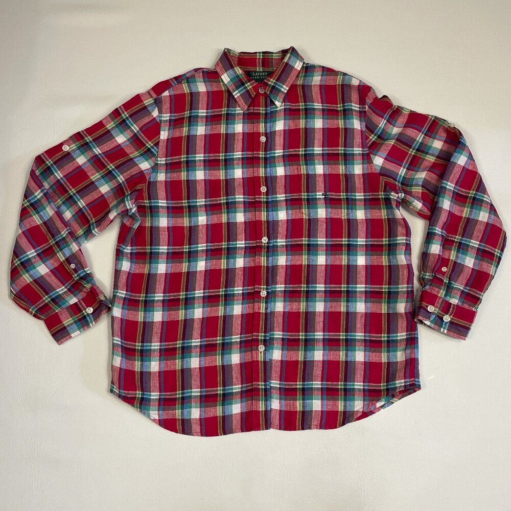 Lauren Ralph Lauren Shirt Women Sz Large 100% Linen Red Plaid Button Up Roll Tab - Picture 9 of 16